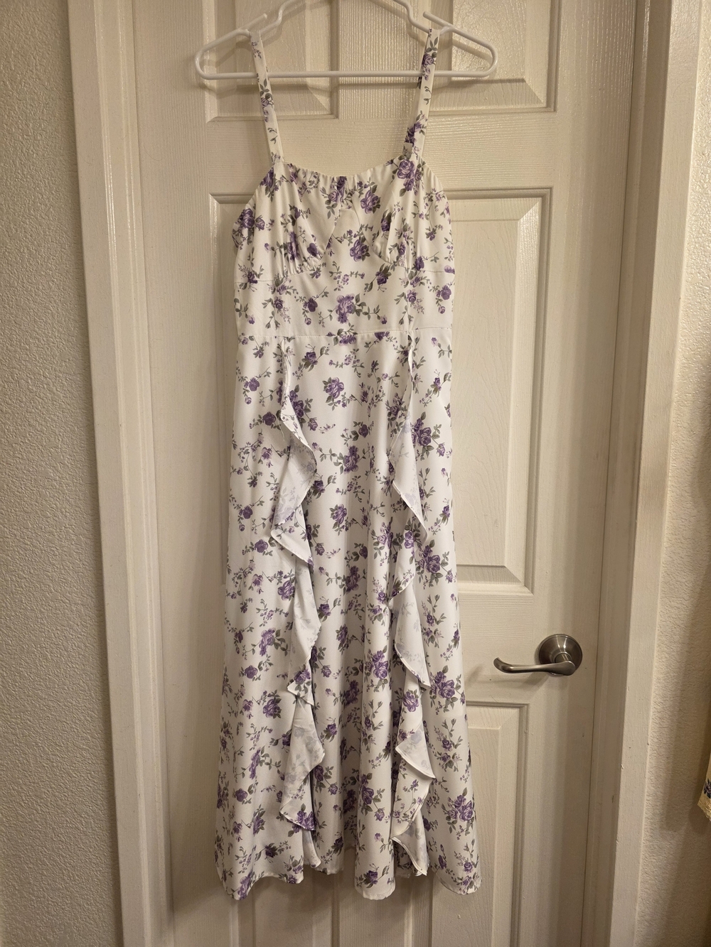 White Floral Ruffle Midi Dress with Purple Print